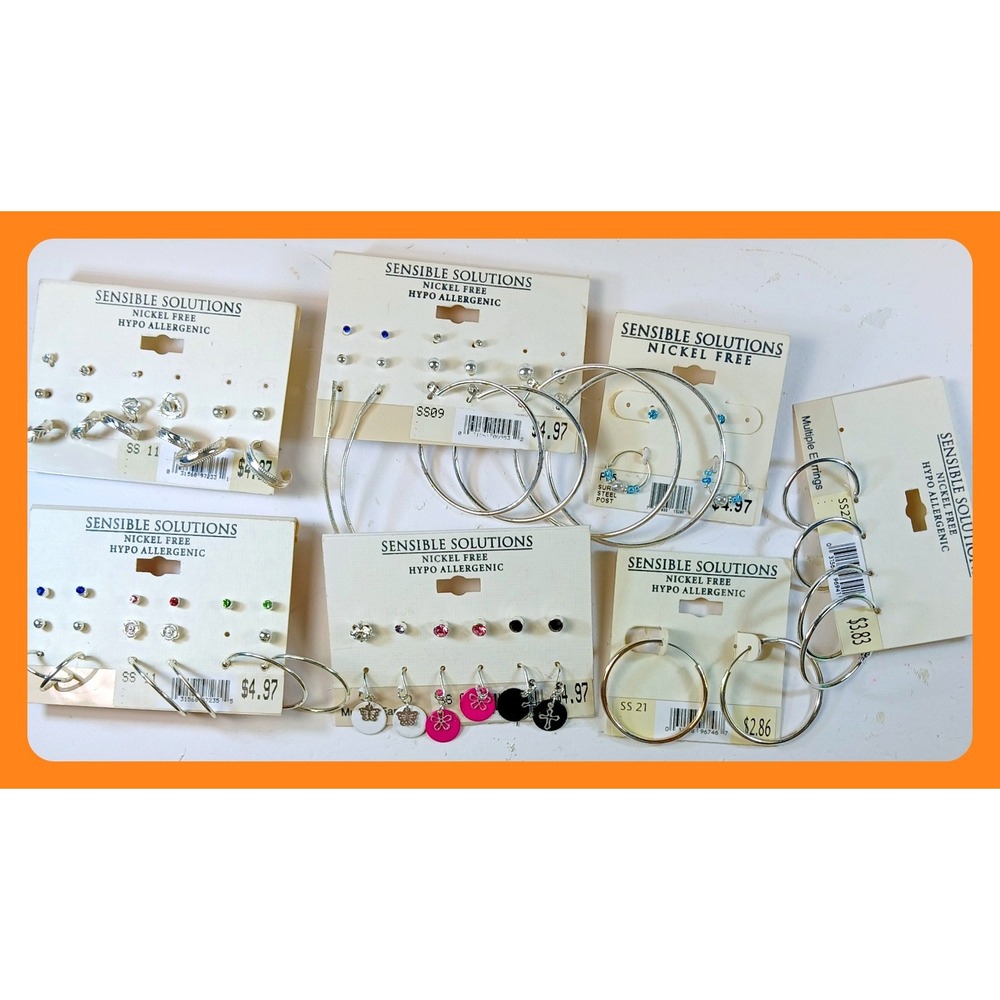 Sensible Solutions Vintage Y2K Deadstock Earring Lot Silver Hoops Studs 7 Cards